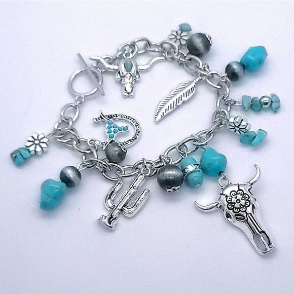 Turquoise Longhorn Western Charm Bracelet Beaded Cowgirl Cactus Feather Bohemian - Picture 2 of 6